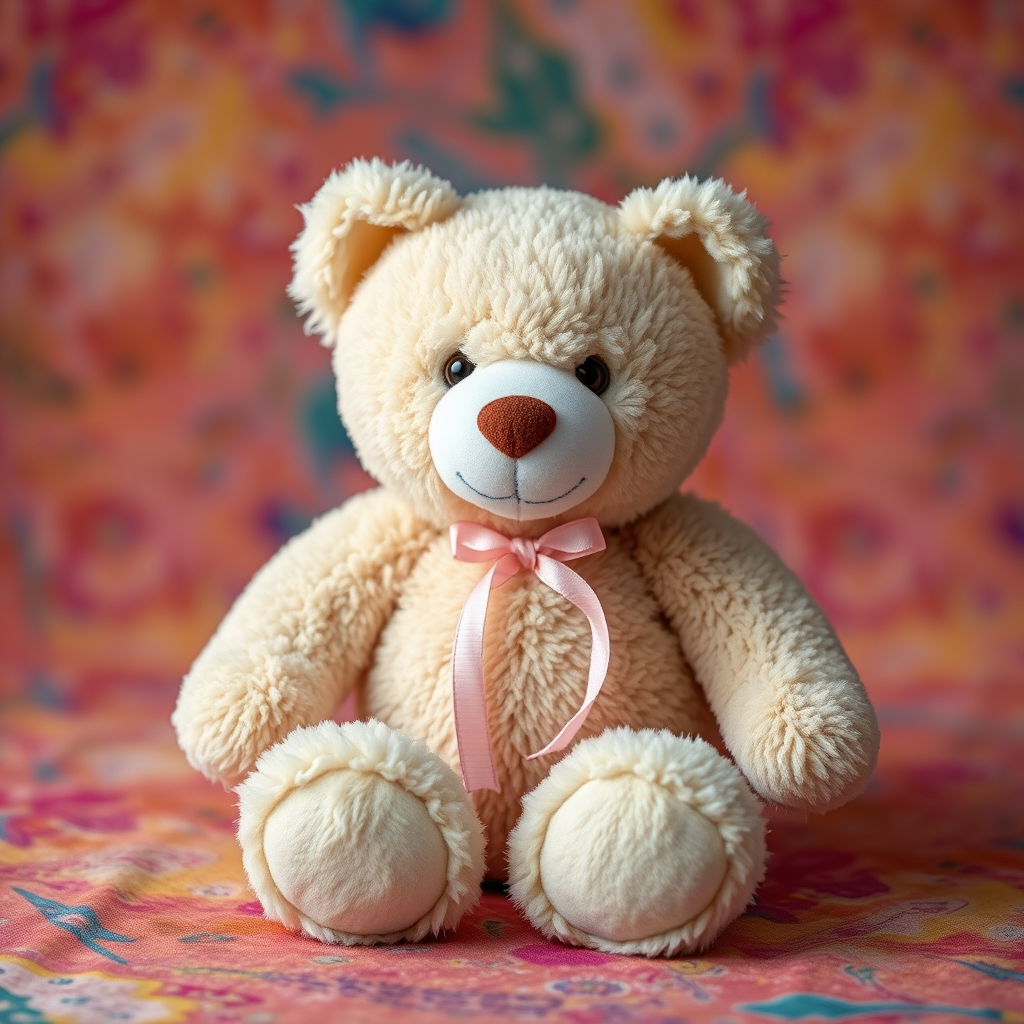 A plush teddy bear sitting on a colorful background, captured with a Canon EOS R5 camera, 50mm lens, aperture f/2.8, ISO 100, soft diffused lighting for enhanced texture and depth.