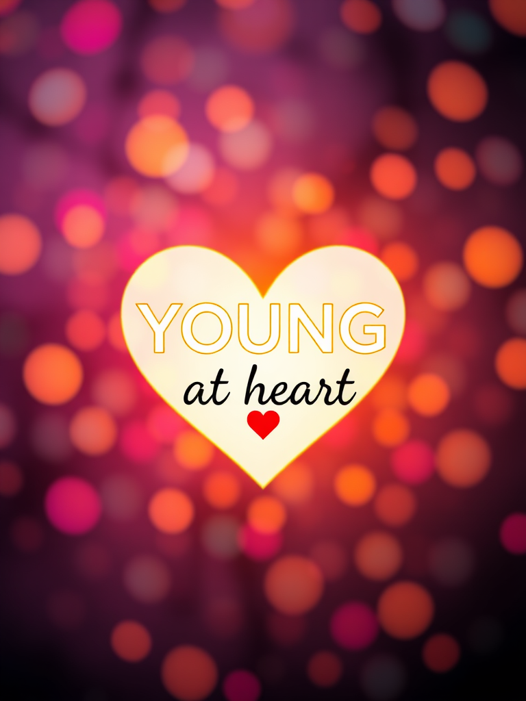 Generate a vibrant and colorful design featuring the text "YOUNG at heart" centered within a glowing heart shape on a textured background with bokeh effects, captured with a digital camera at f/2.8 aperture, ISO 100, and a shutter speed of 1/60s in portrait mode for a soft focus effect.