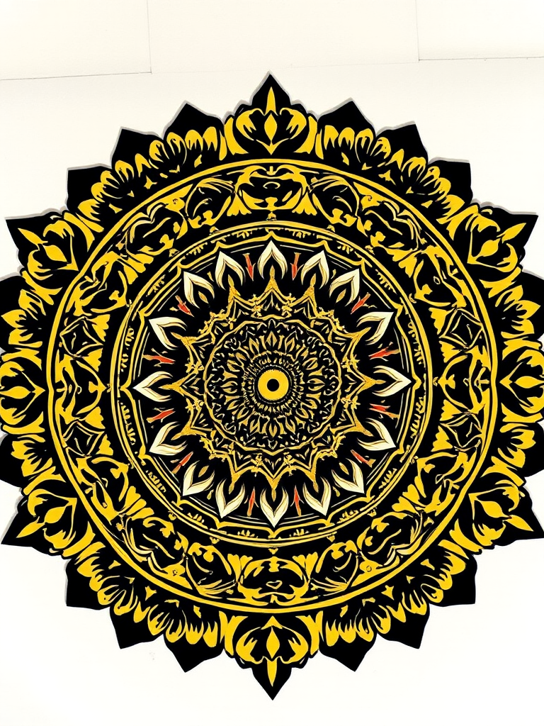 Create an intricate circular mandala design with a gold and black color scheme, featuring detailed geometric patterns and symmetrical elements, captured with a DSLR camera at f/8 aperture, ISO 200, and a focal length of 50mm from a top-down angle to enhance image clarity and detail.
