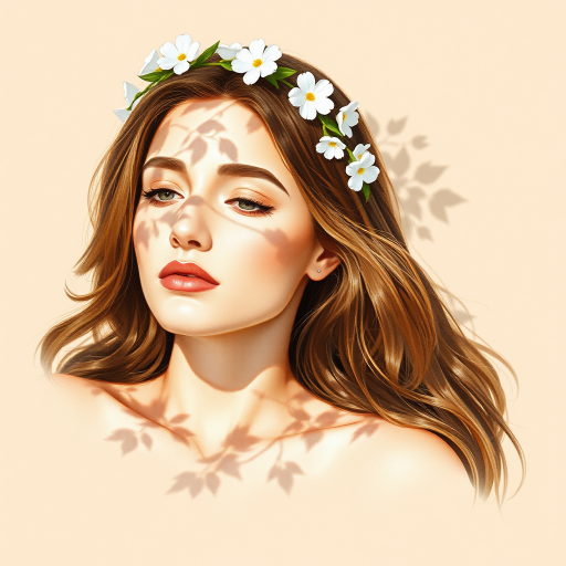create a watercolor painting of an ethereal portrait of beautiful Chaldean woman with a simple white flower crown on her head. Her hair is long and she is lying on the ground. The sunlight on the trees casts shadows from the leaves on her face and body. The background is a neutral brown color that matches her skin tone. The image is minimalist and solid colors. This style is characterized by soft, delicate brushstrokes and a light, airy, contrasting color palette. High level of detail and play of light