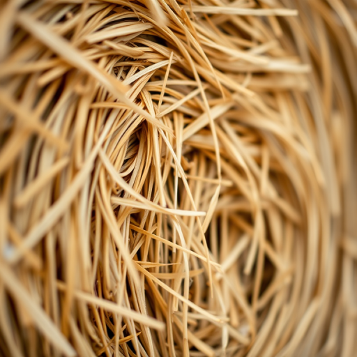 A close-up of a textured hay bale with golden straw fibers, captured using a DSLR camera at f/2.8 aperture, 50mm lens, ISO 100, with a shallow depth of field to enhance detail and contrast against a blurred background.