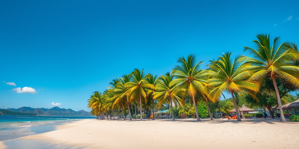 tropical beach scene with clear blue skies, lush palm trees, soft sandy shore and distant mountains, shot with a Canon EOS 5D Mark IV, 24mm lens, f/8 aperture, ISO 100, vibrant colors and high dynamic range.