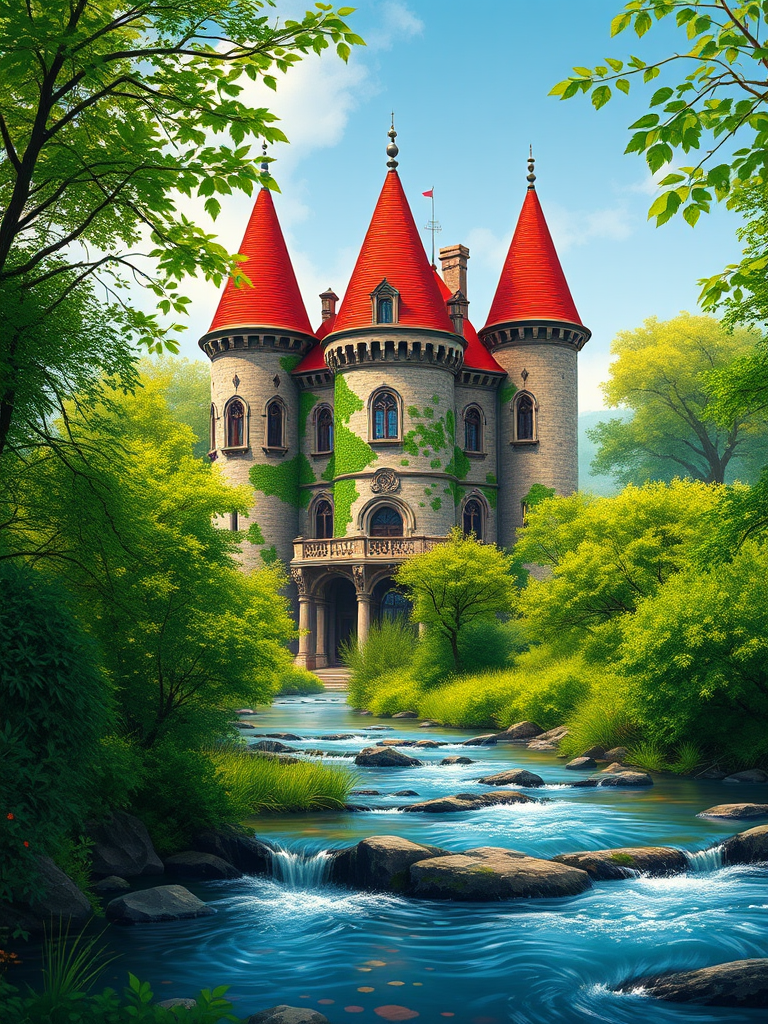 Create a highly detailed digital illustration of a castle with red conical roofs, surrounded by vibrant green foliage and a flowing stream in front, using a DSLR camera with a 50mm lens, f/1.8, ISO 100, and a shallow depth of field for enhanced focus on the castle, in a vibrant color palette and realistic shading.