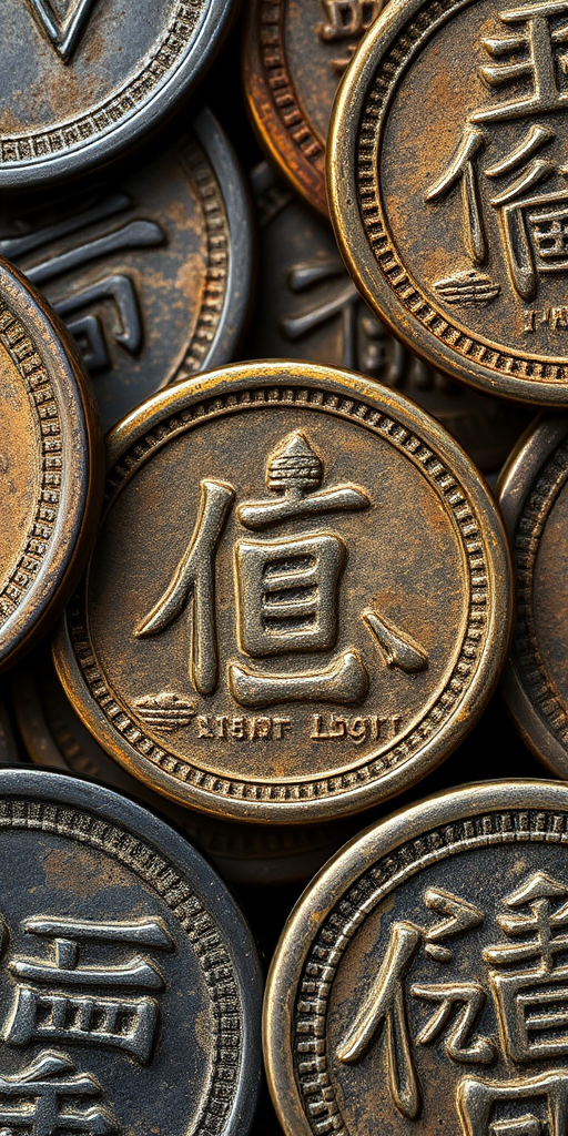 Take a high-resolution macro photograph of ancient Chinese coins with intricate engravings and a patina effect, using a DSLR camera, 100mm macro lens, f/4 aperture, ISO 100, and natural lighting to enhance texture and detail.