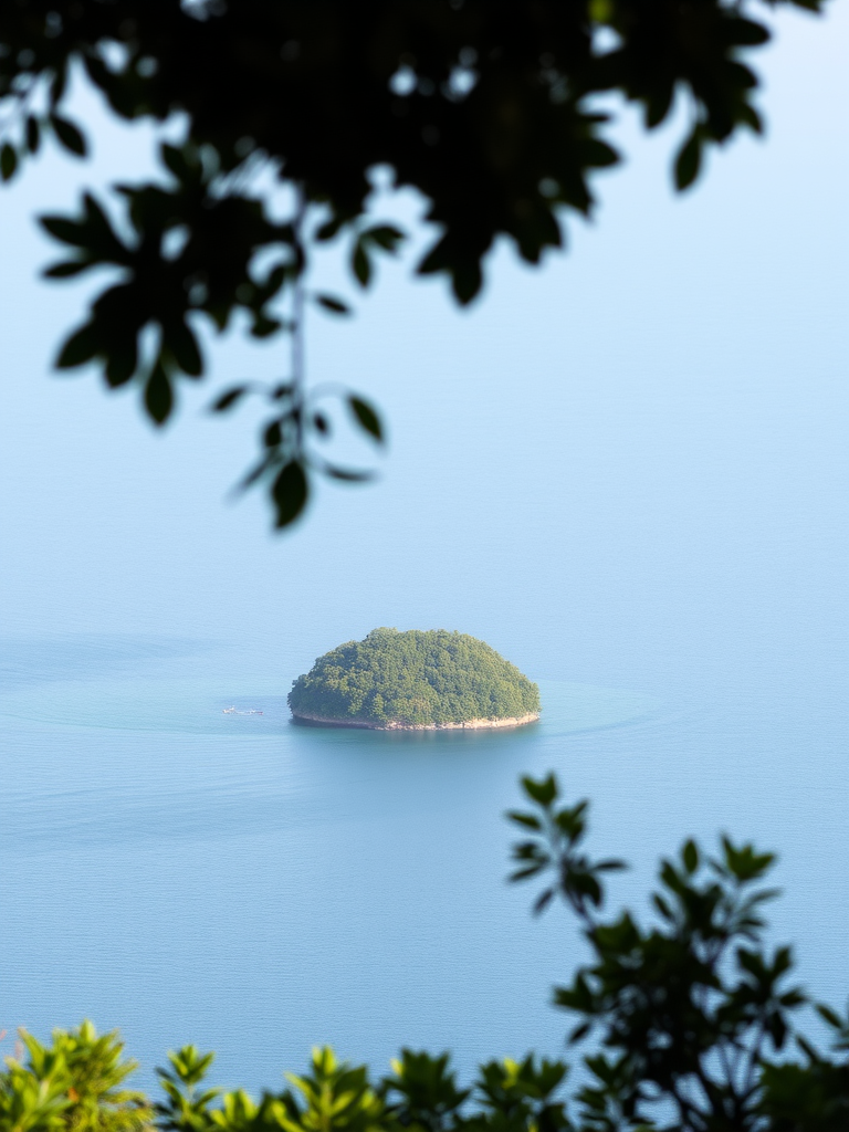 Capture a serene coastal view of a small, lush green island in a calm sea with soft, diffused sunlight, using a DSLR camera with a 24mm lens, aperture set to f/11, ISO 100, and a shutter speed of 1/250s, shot from a slightly elevated angle to include nearby foliage in the foreground.
