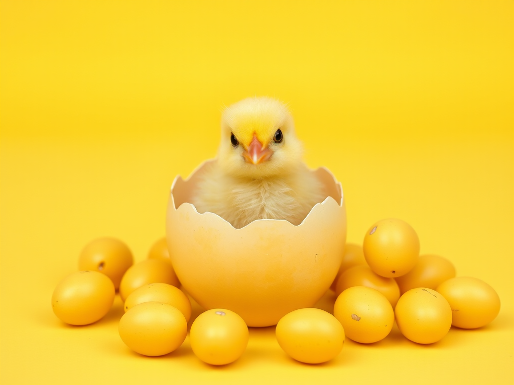a cute chick emerging from a yellow eggshell surrounded by small yellow eggs on a bright yellow background