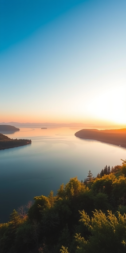 Create a high-resolution image of a serene landscape featuring a tranquil lake surrounded by lush greenery, use a DSLR camera with a 24mm lens, aperture set to f/8 for depth of field, ISO 100 for fine detail, taken at golden hour to capture warm light reflections on the water.