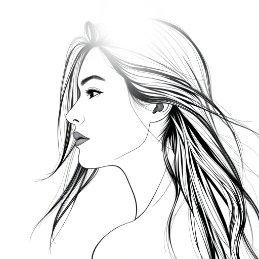 Create a high-contrast line drawing of a female profile with flowing hair, using a Canon EOS R5 with 50mm f/1.2 lens, aperture set to f/2.8, ISO 100, and a soft sunlight backdrop, capturing a side view with acute detail.