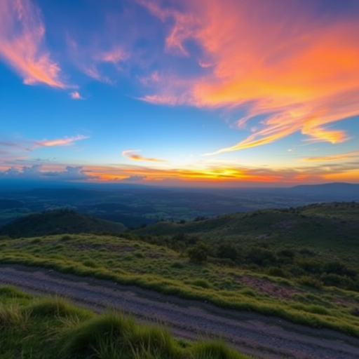 Create a high-resolution image of a serene landscape at sunset with vibrant colors, capturing a wide-angle view using a DSLR camera with a 24mm lens, aperture set to f/8, ISO 100, and a shutter speed of 1/125 seconds for optimal clarity and depth.