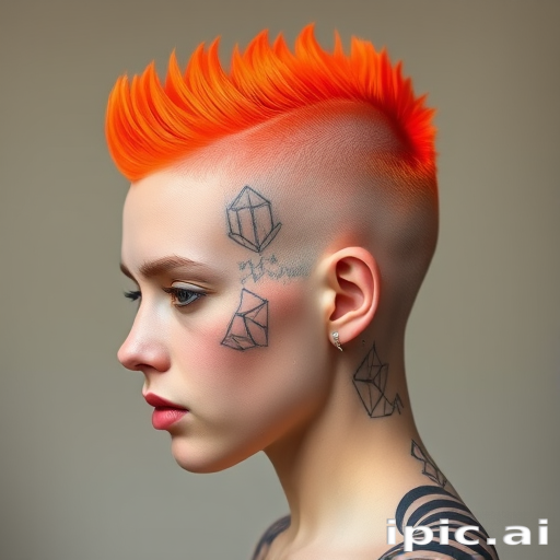 Bold neon orange buzzcut with intricate geometric designs shaved into the sides, showcasing fearless self-expression and avant-garde artistry
