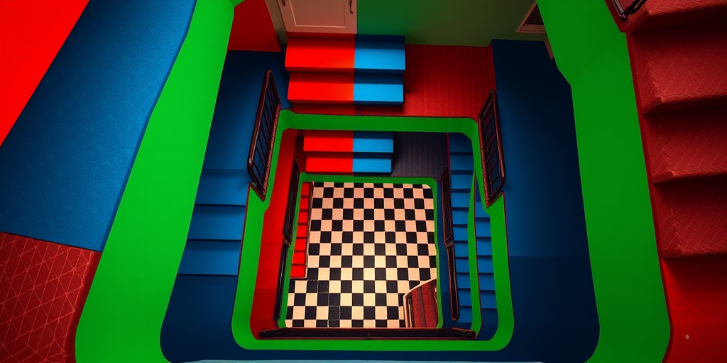 a vibrant geometric staircase scene with a top-down view, emphasizing contrasting colors of red, blue, and green with a checkered floor, captured with a high-resolution digital camera, f-stop 5.6, ISO 100, shutter speed 1/125s, wide-angle lens, producing a clarity that highlights the patterns and depth of the stairs