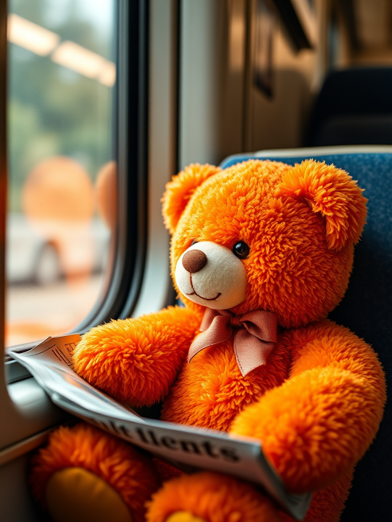 A close-up of a plush orange teddy bear sitting next to a window on a train, holding a newspaper, soft natural light, aperture f/2.8, ISO 200, 50mm lens, shallow depth of field, captured with a DSLR camera.