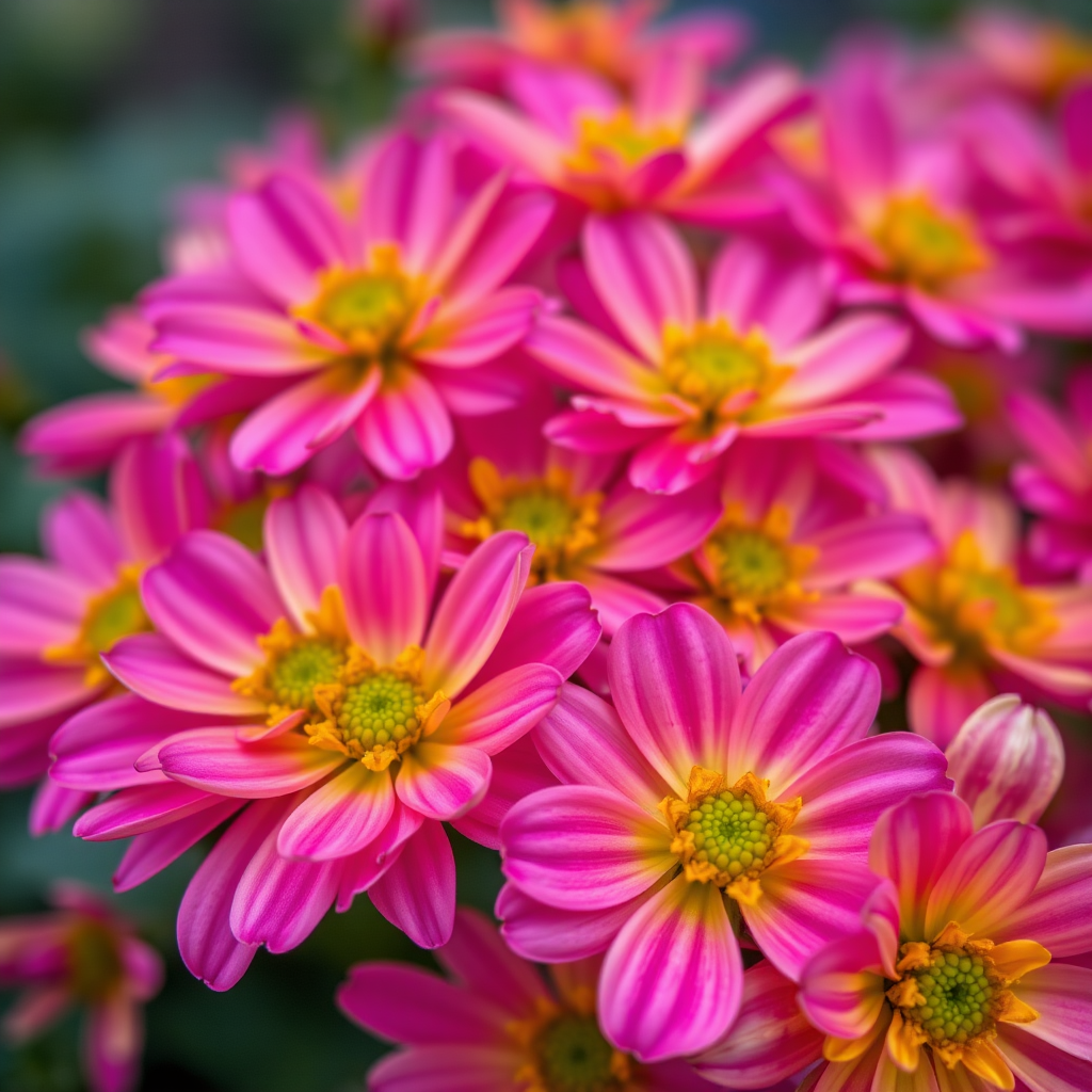 close-up of vibrant pink and yellow flowers with shallow depth of field, natural soft lighting, camera settings: f/2.8, ISO 100, shutter speed 1/200, camera view: macro perspective, camera style: vivid colors, camera type: DSLR