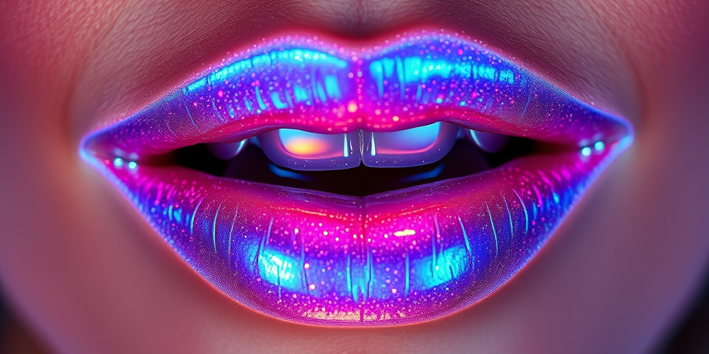 Shimmering holographic lips reflecting prismatic hues, iridescent shine creating mesmerizing depth, full and pouty appearance, futuristic and enchanting Cosmic Opal Sparkle style