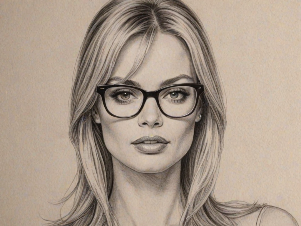 Captivating Jamie Pressly, pencil sketch, portrait of Ravishing woman 1976s in glasses, hair style beatnik, outline, clear lines, fine lines, 8k