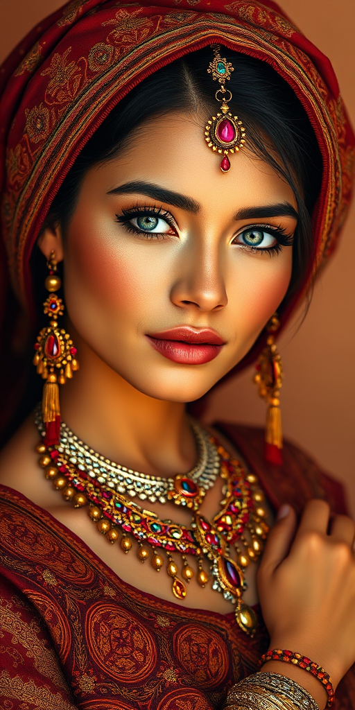 Create a portrait of a beautiful Hispanic woman with striking white eyes and a gentle expression. She is adorned in traditional attire with intricate patterns, including a richly embroidered headscarf and matching garments. Her jewelry includes a delicate headpiece, dangling earrings, and ornate bracelets, all featuring vibrant gemstones and detailed metalwork. The background is soft and warm, enhancing the rich colors of her outfit and jewelry.