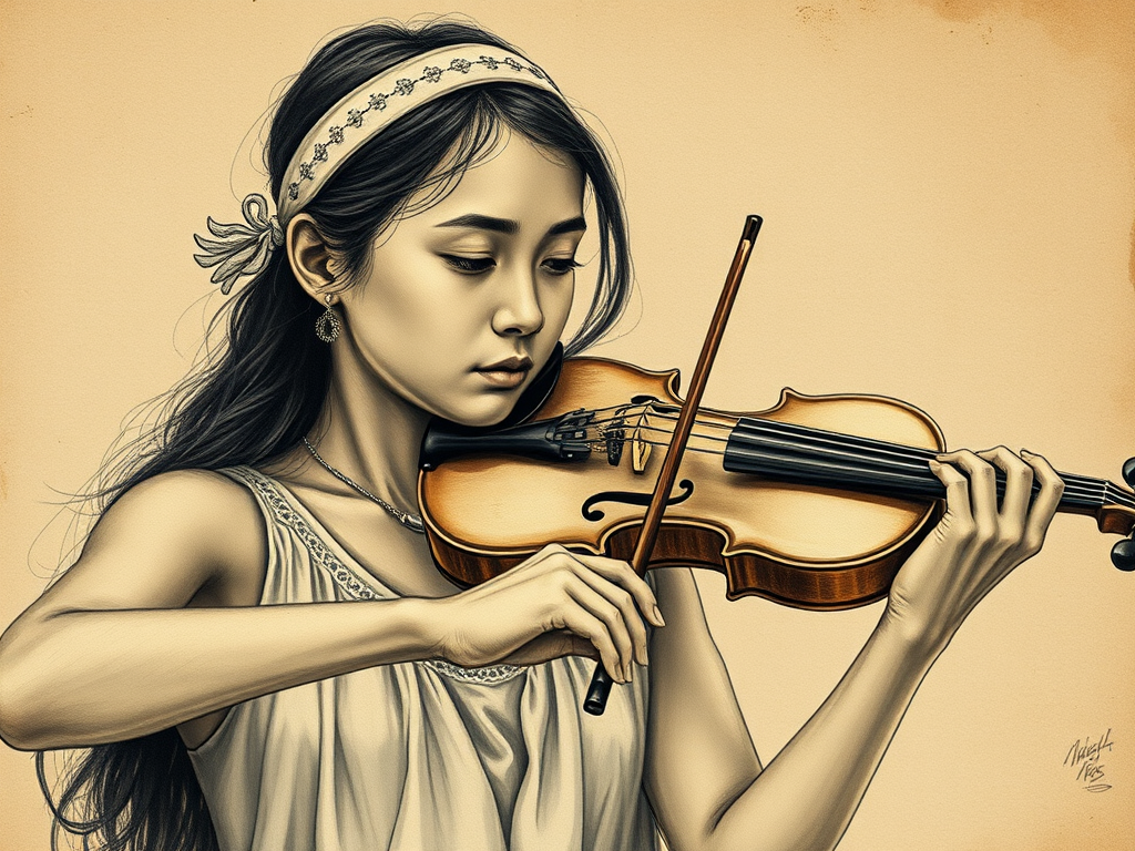 a young Maori woman with a white headband playing a violin, in the style of a charcoal drawing, sepia grunge background