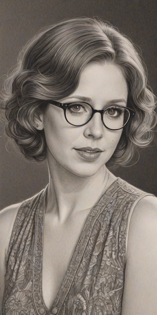 Beauteous Vanessa Bayer, pencil sketch, portrait of Radiant woman 1928s in glasses, hair style beatnik, outline, clear lines, fine lines, 8k