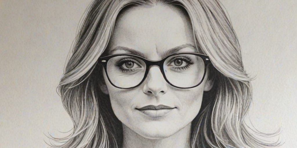Elegant Geri Halliwell, pencil sketch, portrait of Captivating woman 1970s in glasses, hair style beatnik, outline, clear lines, fine lines, 8k