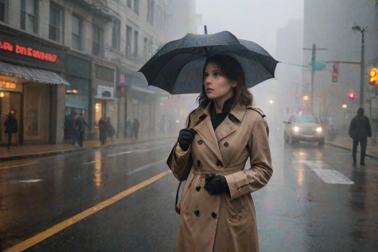 Foggy street corner in a bustling city, a woman in a trench coat stands at a crosswalk, her hand gripping her umbrella as headlights pierce the thick fog around her.