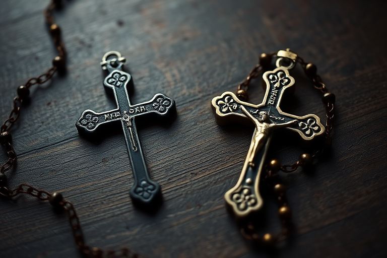 Create a detailed, high-resolution image of a religious cross and rosary, captured with a DSLR camera at 50mm focal length, aperture f/2.8, ISO 100, under soft diffused lighting, in a top-down view with a shallow depth of field.