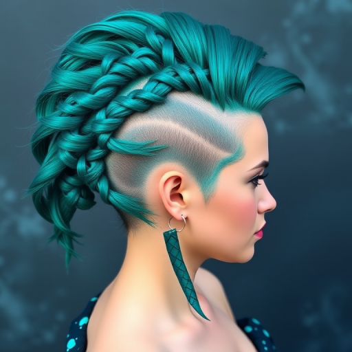 Vibrant teal mermaid hair in a braided mohawk updo, Aquatic Warrior design, featuring intricate plaits and shimmering scales for a bold and fantastical look