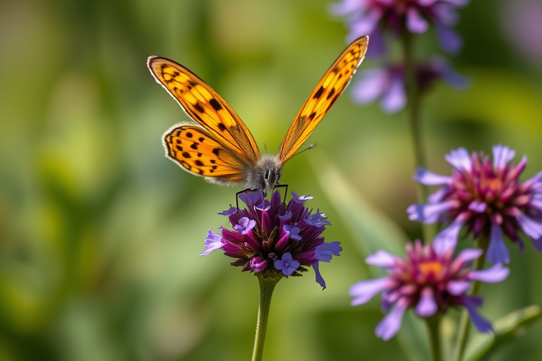 Create a close-up image of a butterfly perched on vibrant purple flowers, using a macro lens, aperture f/2.8, shutter speed 1/250s, ISO 100, taken with a DSLR camera from a slightly above angle for enhanced detail and sharpness.
