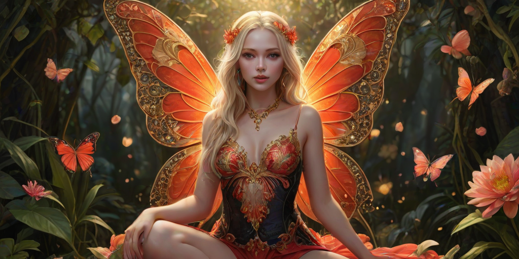 A digital artwork features a winged fairy with delicate Scarlet butterfly wings, adorned with intricate Kiwi andOrange patterns. She is seated on a vibrant Charcoal flower, wearing a revealing red two-piece outfit with sparkling beadwork. Her fair skin, long blonde hair, and gold jewelry add to her ethereal appearance. The background is a warm, golden gradient, creating a magical atmosphere. Small glowing orbs and sparkles surround the flower, enhancing the enchanting, highly detailed, and realistic scene.