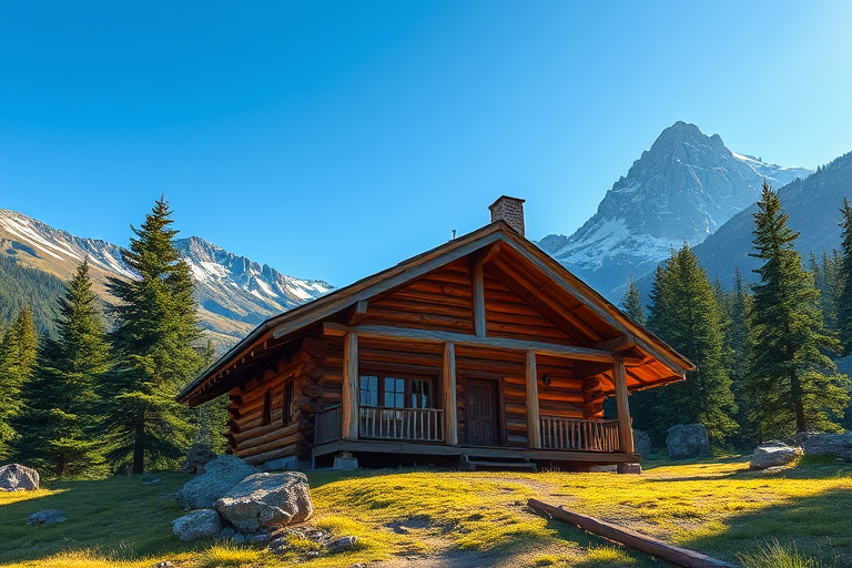 create a high-resolution illustration of a wooden cabin in a mountainous landscape with pine trees, viewed from a low angle, using a DSLR camera at f/8 aperture, ISO 100, 24mm focal length, capturing vibrant colors and sharp details in a bright, sunny setting
