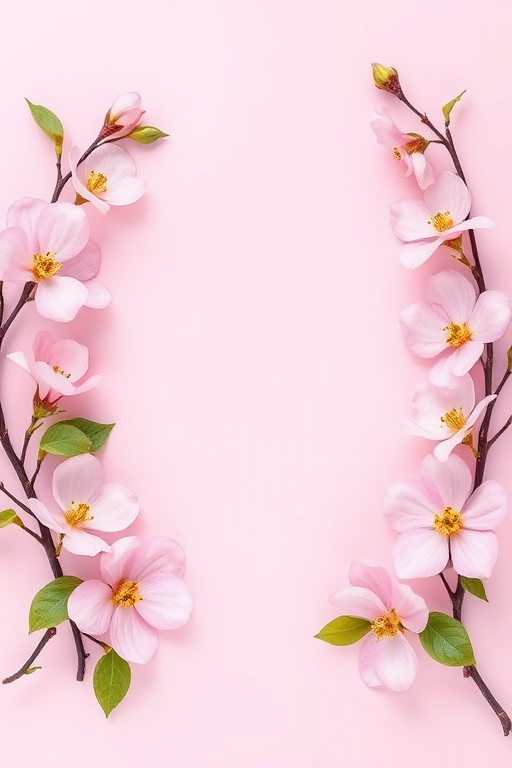 Create an image of a blank rectangular frame surrounded by blooming pink dogwood flowers on a soft pink background, using a DSLR camera with a 50mm lens, aperture set to f/2.8, ISO 100, shot in natural light from a slight top-down angle.