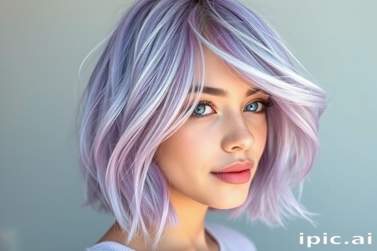 Soft lavender lob with loose beachy waves, subtle root shadow for depth, effortlessly tousled styling exuding a carefree and youthful vibe