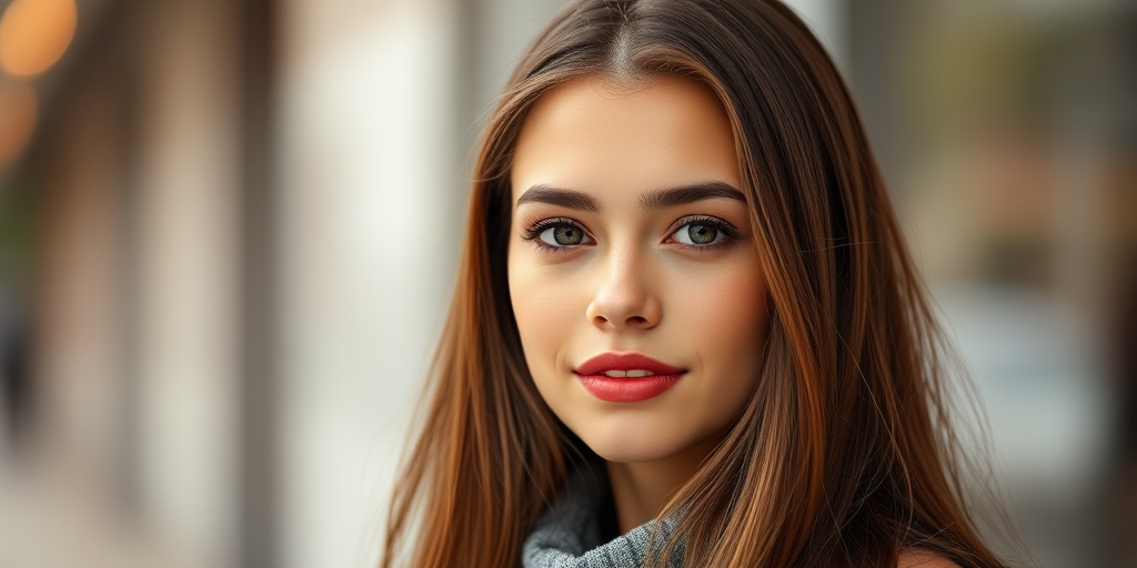 portrait of a young woman with long brown hair, wearing a stylish outfit, soft bokeh background, taken with a Canon EOS R5, 85mm f/1.2 lens, ISO 100, aperture f/1.2, shutter speed 1/200, natural light, focus on the face