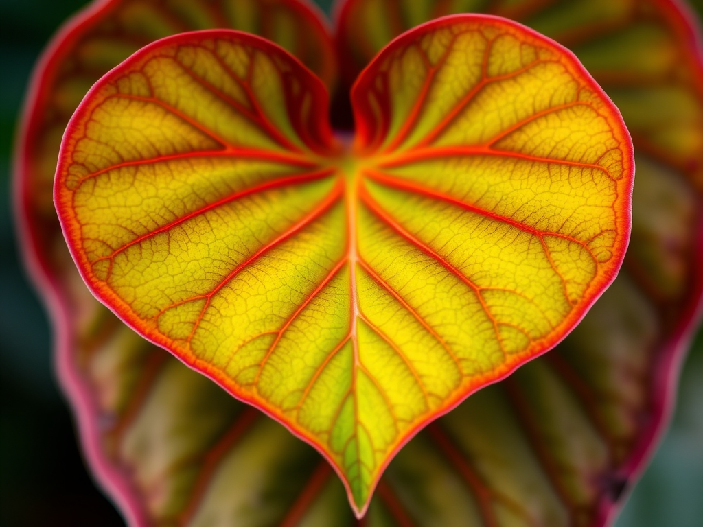 macro shot of a vibrant heart-shaped leaf with rich green and red edges, natural lighting, f/2.8 aperture, ISO 100, 1/200 sec shutter speed, DSLR camera, close-up view.