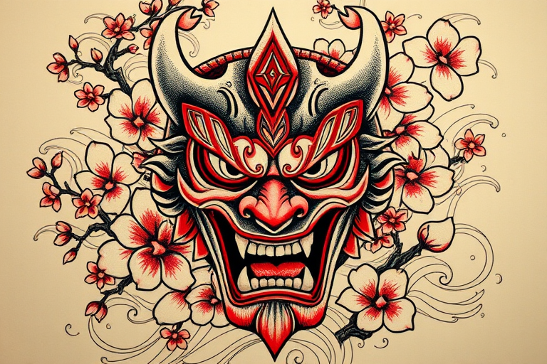Traditional Japanese hannya mask tattoo with fierce expression and intricate details, surrounded by cherry blossoms and swirling wind patterns for a powerful and evocative design