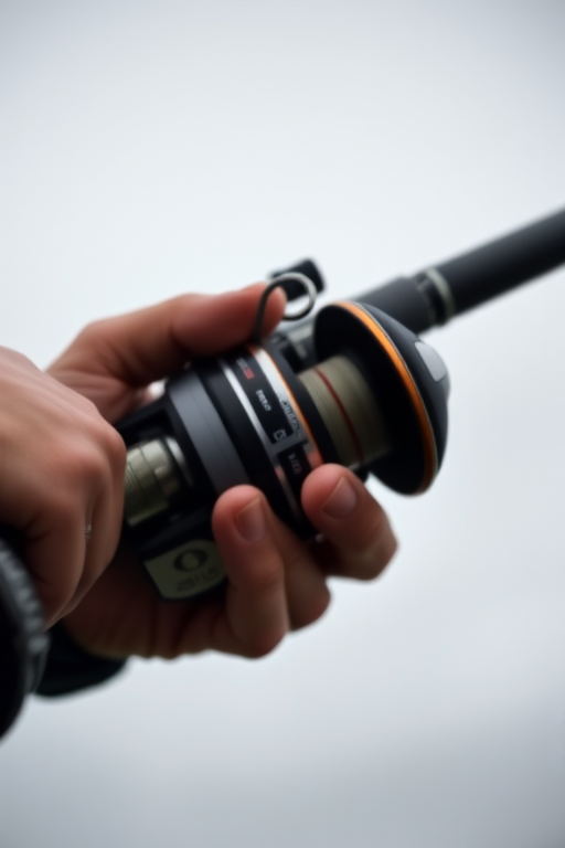 Capture a close-up shot of a fishing rod and reel in use, showing a person's hands gripping the rod, with a shallow depth of field, ISO 100, f/2.8, 1/200s, 50mm lens, soft diffused lighting, and a neutral gray background for enhanced clarity and focus.