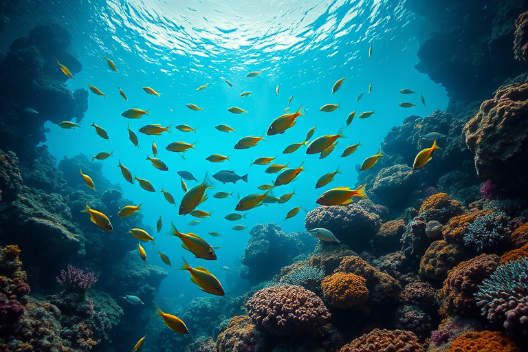 Underwater scene with colorful fish swimming through vibrant coral reefs, soft diffused lighting, shot with a Canon EOS 5D Mark IV, 24mm lens at f/8, ISO 200, 1/125s shutter speed, wide-angle view for depth.
