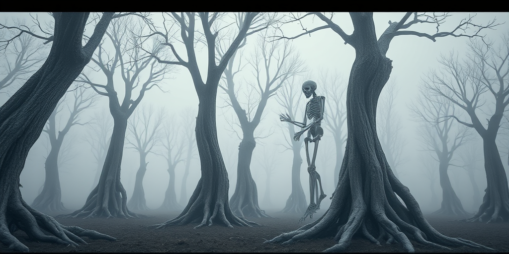 Create a surreal landscape featuring towering skeletal figures resembling trees with gnarled roots amidst a foggy setting, using a Canon EOS R5 with a 35mm f/1.4 lens, ISO 200, aperture f/8, and a low-angle perspective to enhance depth and atmosphere.