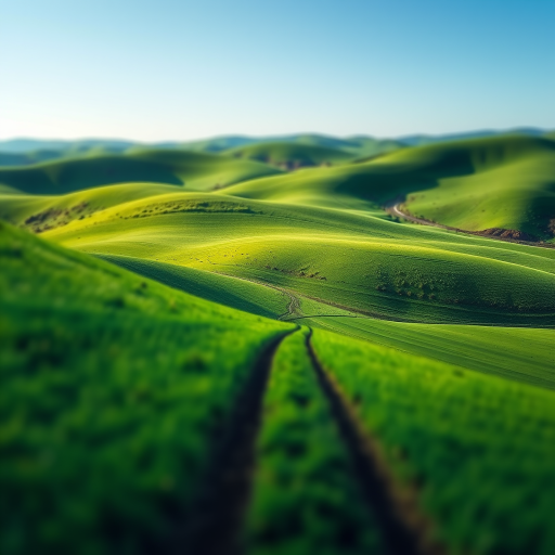 Capture a lush green landscape with gentle rolling hills and visible tire tracks, using a DSLR camera set to f/8, ISO 100, 1/250s, with a 50mm lens and a slight tilt-shift perspective to enhance depth and clarity.