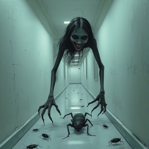 a crooked female with long arms and a creepy smile is crawling along a long white corridor and you can also see cockroaches in it there is a creepy atmosphere creepy art style
