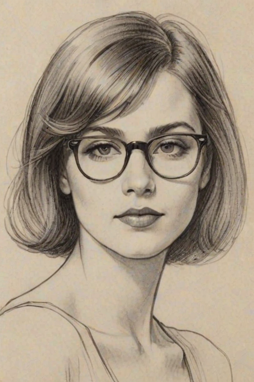 Attractive Dominique Fishback, pencil sketch, portrait of Attractive woman 1924s in glasses, hair style beatnik, outline, clear lines, fine lines, 8k