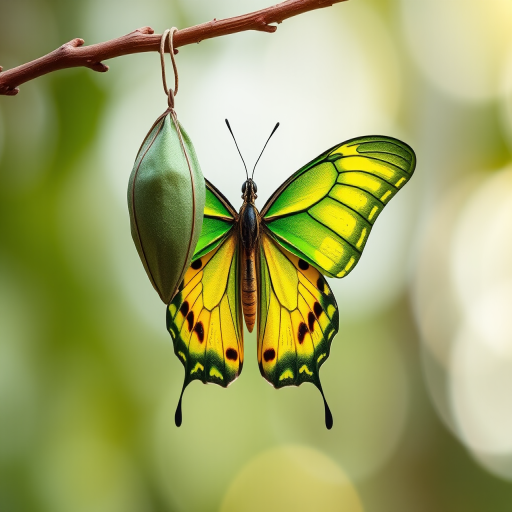 Generate an image of a butterfly emerging from its chrysalis, showcasing vibrant green and yellow colors. The butterfly should be hanging from a thin branch against a blurred natural background, emphasizing the transformation and delicate features of the wings.