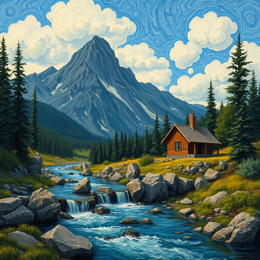 This Van Gogh-inspired painting depicts a peaceful scene of a small cabin located near a flowing river. The scene is surrounded by lush vegetation, including tall trees and rocky terrain. In the background, majestic mountains rise under a sky filled with rolling clouds. The river gently cascades over the rocks, adding a sense of movement and tranquility to the scene. The use of vibrant colors and detailed brushstrokes create a sense of depth and harmony in the natural setting.