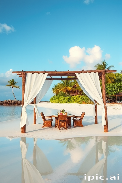Create a picturesque tropical beach scene featuring a serene, white sandy shore. In the foreground, there's a rustic wooden canopy with white drapes gently flowing in the breeze. Underneath the canopy, a table is set with tropical decor, evoking a sense of relaxation and leisure. The beach extends into a calm, shallow water area with reflections of the sky and surroundings. Palm trees and lush greenery line the edge of the beach, providing a natural, tropical backdrop. The sky is clear with a few scattered clouds, and the overall atmosphere is tranquil and inviting, perfect for a peaceful retreat.