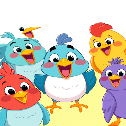 Create a bright and colorful illustration of cartoon birds with cheerful expressions, using a 50mm lens at f/2.8, capturing from a slightly elevated angle, in a vector art style, ensuring high resolution for sharp details and vibrant colors.