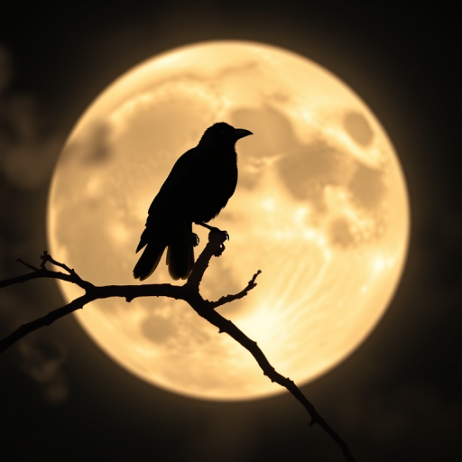 Capture a silhouette of a crow perched on a twisted branch against a large, glowing full moon with swirling smoke effects, using a Canon EOS 5D Mark IV, 50mm lens, aperture f/1.8, ISO 100, and a low angle view for dramatic effect.
