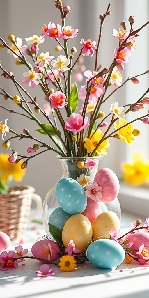 Regenerate a colorful Easter-themed image featuring a vase with decorated eggs and spring branches, using a Canon EOS R5, 50mm lens, f/2.8 aperture, ISO 100, and natural sunlight for enhanced clarity and vibrancy.