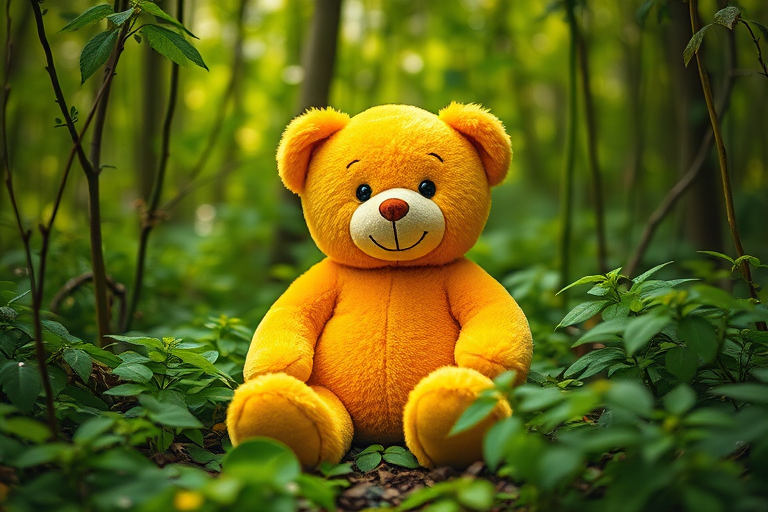 A cheerful yellow teddy bear sitting in a vibrant green forest surrounded by lush foliage, captured with a Canon EOS R5, 50mm lens, f/1.8 aperture, ISO 100, in soft natural light for enhanced detail and rich colors.