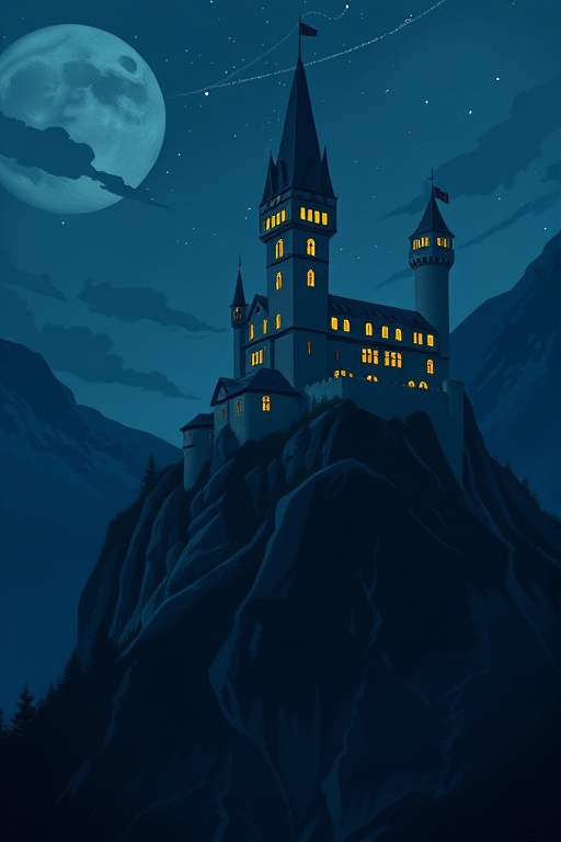 Create an illustration of a castle on a mountain at night with glowing windows, using a high-resolution digital art style, viewed from a low angle to emphasize the height, with a soft focus lens effect, and a color palette of dark blues and yellows.