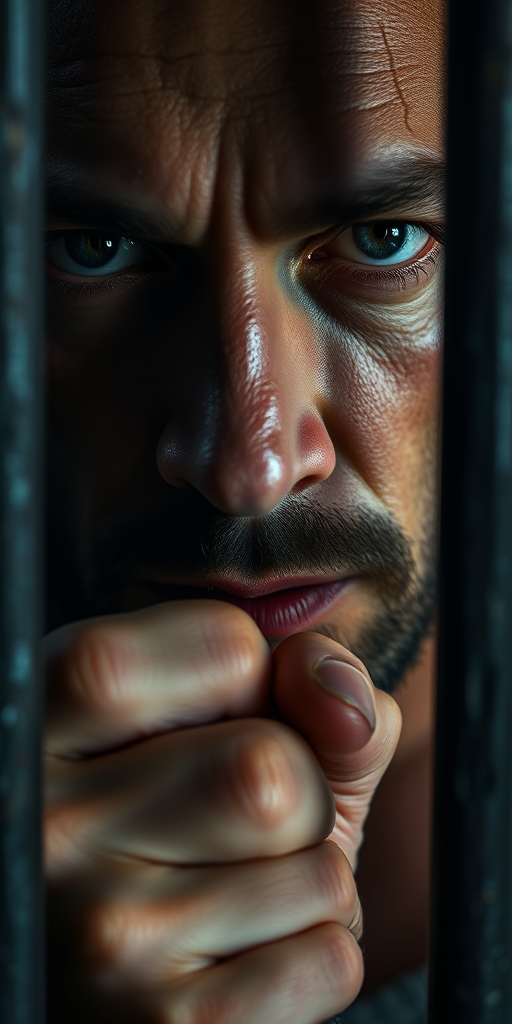A close-up portrait of a man gripping prison bars with a somber expression, dramatic lighting highlighting the texture of his skin and the metal bars, captured with a DSLR camera at f/2.8, ISO 200, 50mm lens, shallow depth of field, utilizing soft focus for a cinematic style.