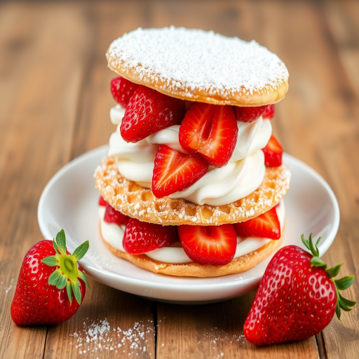 A stack of flaky pastry layers filled with whipped cream and fresh strawberries dusted with powdered sugar served on a white plate with a whole strawberry on the side